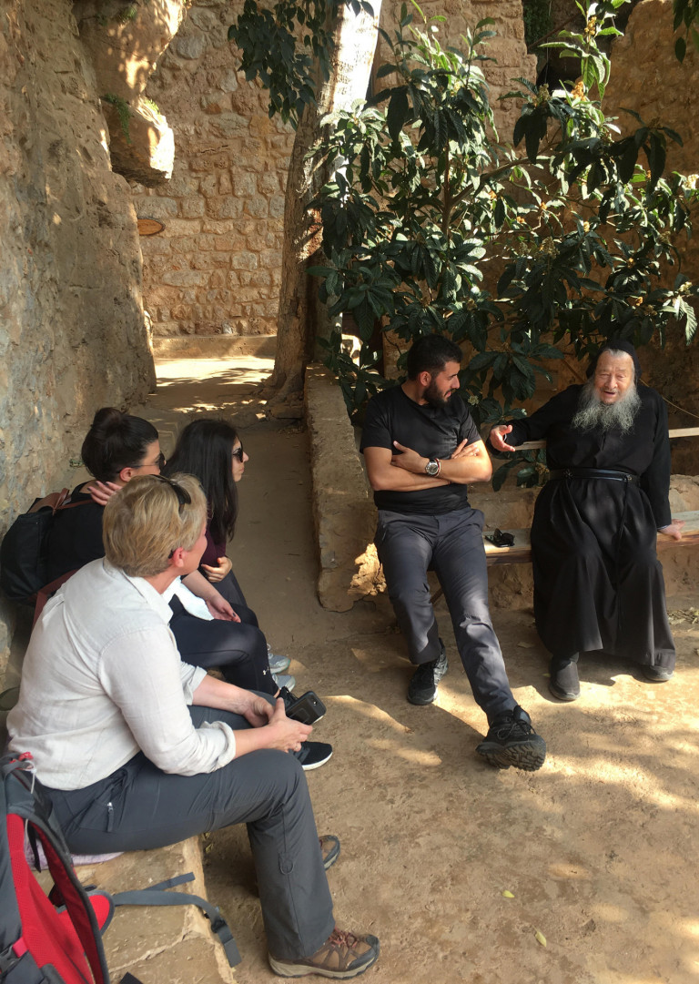 Chatting to the last hermit at Monastery, Qadisha Valley, Lebanon
