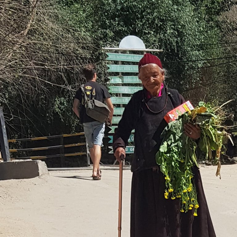 Ladakhi Woman carrying flowers, Leh, Ladakh